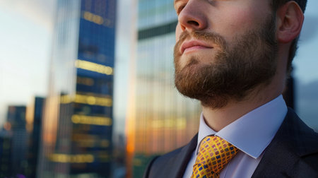 A confident businessman stands outdoors in a suit with a yellow tie, gazing toward the horizon as the vibrant sunset lights up the modern cityscape.の素材