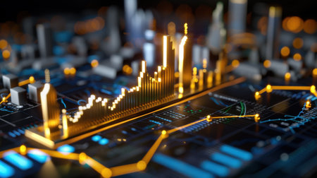 This vibrant digital image showcases a financial data visualization featuring illuminated graphs and charts, illustrating market trends and analysis.の素材