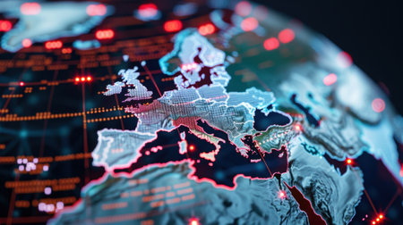 This image features a detailed map of Europe showcased on a globe, enhanced with a digital overlay and vibrant light effects, ideal for technology and geographical concepts.の素材