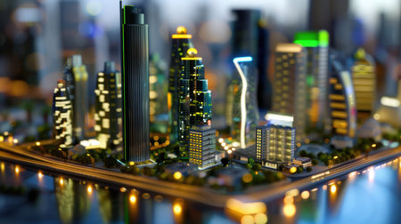 A stunning miniature city model captures the essence of modern architecture illuminated beautifully at night, showcasing vibrant lights and intricate designs.の素材