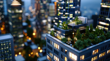 A stunning rooftop garden thrives amidst the urban skyline, showcasing lush greenery and modern architecture under the twilight glow of city lights.の素材