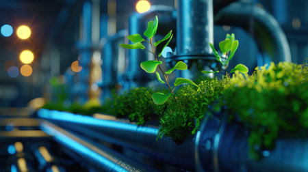 Delicate green plants thrive on industrial pipes, symbolizing the connection between nature and technology in a modern factory setting. The ambiance is dynamic.の素材