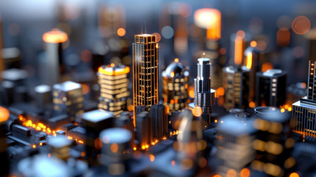 A captivating close-up shot of a futuristic urban cityscape at night, featuring illuminated skyscrapers and vibrant lights that showcase modern architectural beauty.の素材