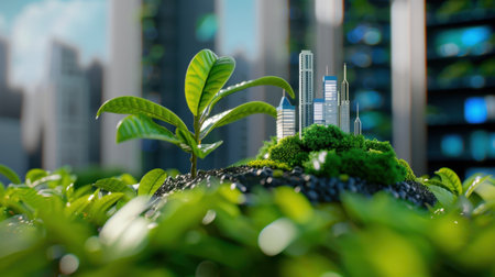 This image showcases a conceptual perspective of urban sustainability, featuring a miniature city emerging from vibrant greenery, symbolizing innovation and harmony between nature and development.の素材