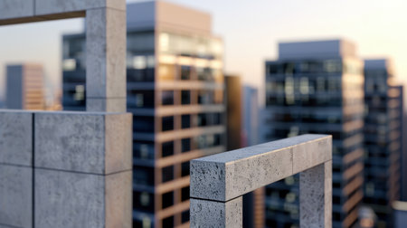 A captivating view of modern architecture featuring an abstract concrete frame overlooking a vibrant urban skyline at sunset, creating a dramatic effect.の素材