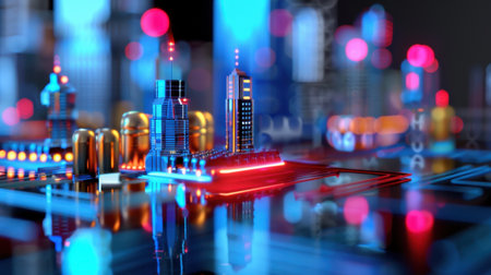 A vibrant and dynamic depiction of a futuristic urban landscape with glowing neon lights, abstract buildings, and a high-tech city atmosphere.の素材