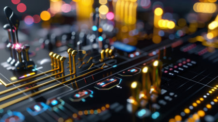A visually stunning close-up of a circuit board featuring colorful lights and intricate electrical connections, ideal for themes of technology and innovation.の素材