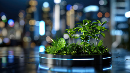 This vibrant stock photo captures lush green plants beautifully displayed in a contemporary urban setting, illuminated by stunning city lights at night.の素材