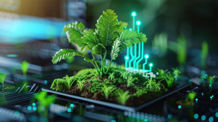 A vibrant green plant emerges from a circuit board, symbolizing the fusion of nature and technology. This image represents growth, sustainability, and innovation in modern agriculture.の素材