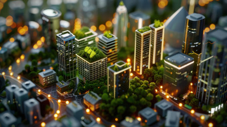 A vibrant cityscape at night showcases modern architecture with green rooftops and glowing lights, illustrating sustainable urban living and future city designs.の素材