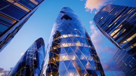 A stunning view of modern skyscrapers showcasing unique glass facades, set against a vibrant sunset sky that adds depth and color to the urban landscape.の素材