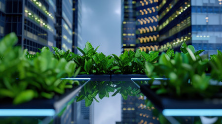 A captivating blend of lush greenery and modern architecture showcases the harmony between nature and urban living in a contemporary cityscape.の素材