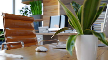A beautifully designed modern office workspace featuring a brown leather chair, wooden desk, green plant, and a sleek computer setup, creating an inspiring professional environment.の素材