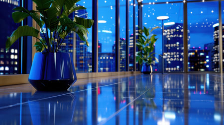 A stunning modern office interior featuring lush plants and expansive windows overlooking a vibrant city skyline at night. The elegant design enhances the ambiance.の素材