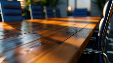 A beautifully designed conference room featuring a polished wooden table, stylish blue chairs, and an inviting atmosphere, perfect for professional meetings.の素材