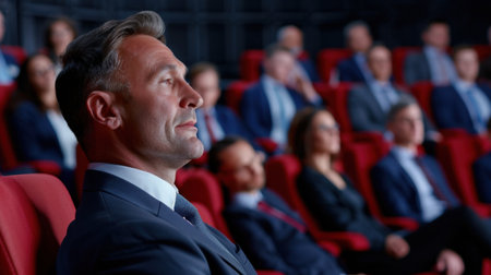 A focused professional man sits in a theater seat, immersed in a presentation, surrounded by an attentive audience. The atmosphere reflects engagement and corporate spirit.の素材