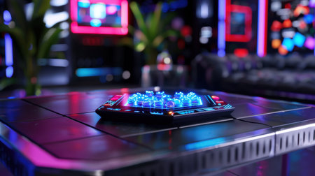 A captivating futuristic digital control panel featuring vibrant neon lights set in a sleek modern technology environment, creating an engaging atmosphere.の素材