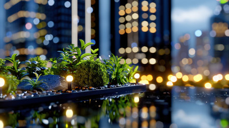 A serene urban garden featuring lush plants and soft lighting, set against a vibrant night cityscape, creating a harmonious blend of nature and modernity.の素材