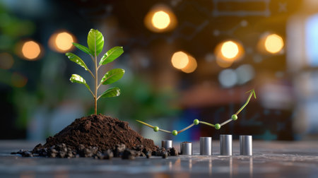 A fresh green seedling emerges from rich soil, symbolizing growth and potential, alongside a rising business graph, illustrating success and progress.の素材