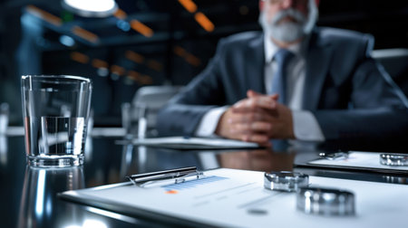 A focused business meeting takes place in a modern office setting, featuring a professional man seated with important documents and a glass of water on the table.の素材