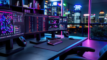 A sleek and modern tech workspace featuring multiple monitors displaying data analysis against a vibrant city night view, perfect for professionals.の素材