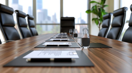 A well-designed conference room featuring a large wooden table, ergonomic chairs, and bright windows with a city skyline view, ideal for meetings.の素材