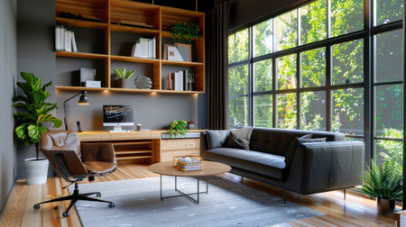A beautifully designed modern home office featuring stylish furniture, abundant natural light, and greenery that creates a relaxing and productive atmosphere.の素材