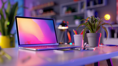 A modern home office setup featuring a sleek laptop, a small plant, and vibrant stationery. Ideal for productivity and creativity in a cozy workspace.の素材