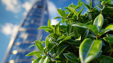 Lush green leaves create a vibrant foreground against a modern skyscraper, showcasing the harmony of nature and urban life under a bright blue sky.の素材