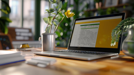 A cozy workspace featuring a laptop, potted plants, and warm lighting, ideal for enhancing productivity and creativity in a home office setting.の素材