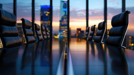 This image showcases a sleek conference room with a panoramic city skyline view at sunset, highlighting modern design elements and a professional atmosphere.の素材