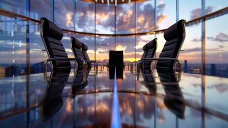 A stunning modern conference room featuring glass walls that offer a breathtaking view of the city skyline during sunset. The room is equipped with sleek chairs and a polished table, reflecting a professional and elegant atmosphere ideal for business meetings or presentations.の素材