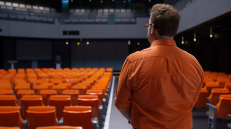A man stands alone in an empty conference hall, wearing an orange shirt, gazing at bright orange chairs, symbolizing anticipation for an upcoming event.の素材