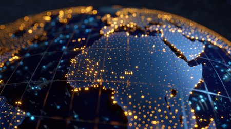 This captivating image displays a detailed globe view of Earth at night, showcasing glowing city lights that symbolize global connectivity and exploration.の素材