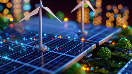 This vibrant illustration features solar panels and wind turbines in a miniature setting, highlighting future energy technology and sustainability concepts.の素材