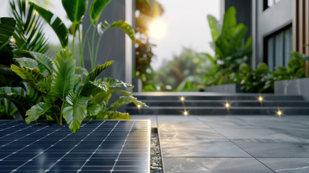 A vibrant outdoor space featuring modern solar panels surrounded by lush greenery. The scene highlights the harmony between nature and technology in sustainable living.の素材