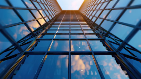 This captivating image showcases the intricate details of modern glass architecture, reflecting the sky and clouds in a vibrant urban setting.の素材