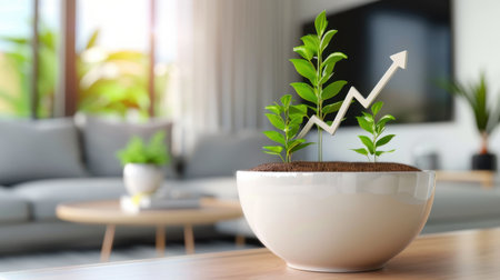 This image captures the essence of growth and success, showcasing green plants in a stylish white pot. The tranquil living room setting enhances the concept of prosperity and inspiration.の素材