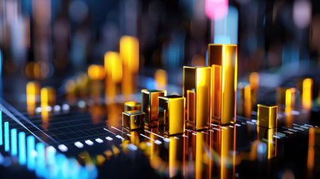 A captivating close-up image showcasing vibrant golden bar graphs against a dynamic background, representing financial data analysis and modern technology themes.の素材
