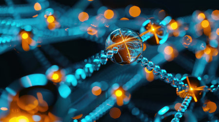 A captivating abstract representation showcasing a molecular network filled with glowing particles against a vivid blue background, ideal for technology and science themes.の素材