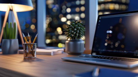 A modern workspace featuring a laptop, desk lamp, and a plant, with an urban night view illuminated by bokeh lights through the window.の素材