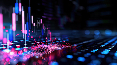 A captivating abstract visualization of stock market data featuring vibrant graphs, colorful elements, and digital patterns in a futuristic setting.の素材