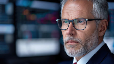 A serious business professional is deeply engaged in data analysis, surrounded by financial charts that highlight a modern corporate environment.の素材