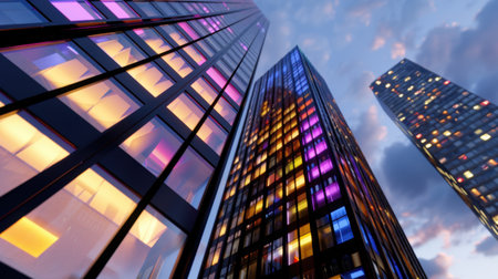 This captivating image showcases a collection of modern skyscrapers glowing with vibrant colors in the night sky, perfect for urban-themed visuals.の素材