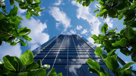 Captivating view of a tall modern skyscraper framed by lush green foliage, showcasing a blend of architecture and nature under a bright blue sky.の素材