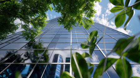 A stunning perspective of a sleek skyscraper with glass windows, beautifully reflecting the surrounding nature and clear blue sky, showcasing urban and green harmony.の素材