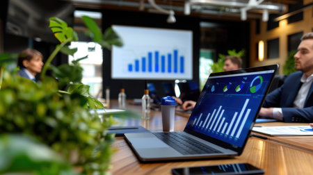 Business professionals engage in a collaborative meeting in a modern conference room, using a laptop to present data visualization alongside growth charts.の素材