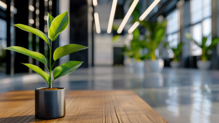 A sleek indoor plant in a stylish pot sits on a wooden table, enhancing the modern office atmosphere filled with natural light and vibrant greenery.の素材