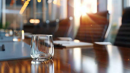 A sleek, clear glass sits on a polished wooden table in a contemporary conference room. Soft sunlight streams through large windows, enhancing the elegant atmosphere.の素材