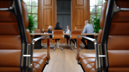 A stylish modern office workspace showcasing a collaborative team meeting. Bright sunlight shines in through large windows, highlighting sleek furniture.の素材